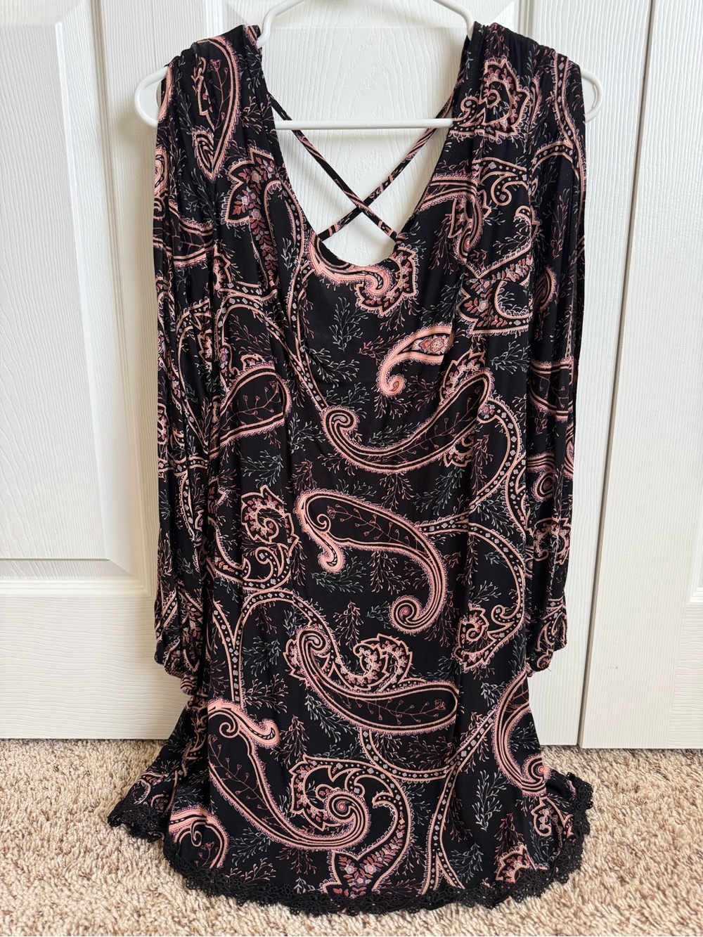 Xhilaration Black Dress with Pink Paisley and Crisscross Back
